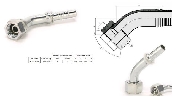 Imagen de HEMBRA CURVA 45° JIC 9/16'' UNF X 18F 04 MANG.1/4''